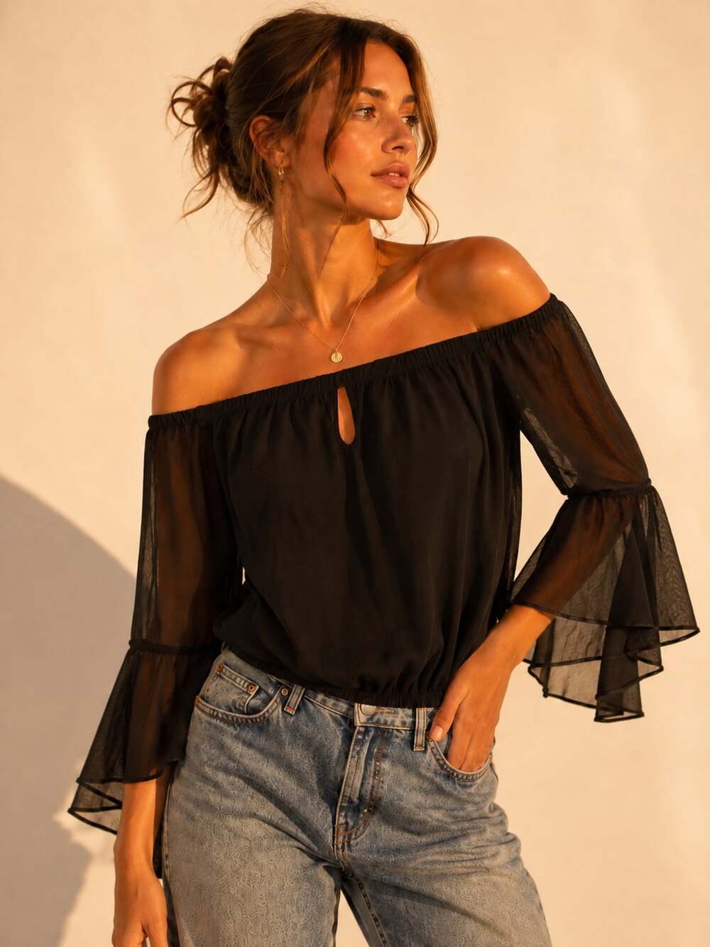 Black Sheer Bell Sleeve Off Shoulder Blouse Whimsigoth Romantic Goth Y2K Witchy